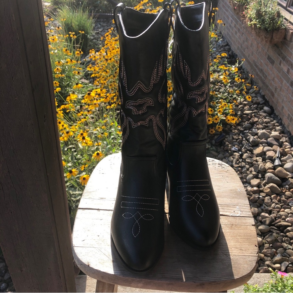 Women Cowgirl Western Boots Round Pointed Toe Pull On Mid Calf Boots Size 6.5 - Picture 3 of 8